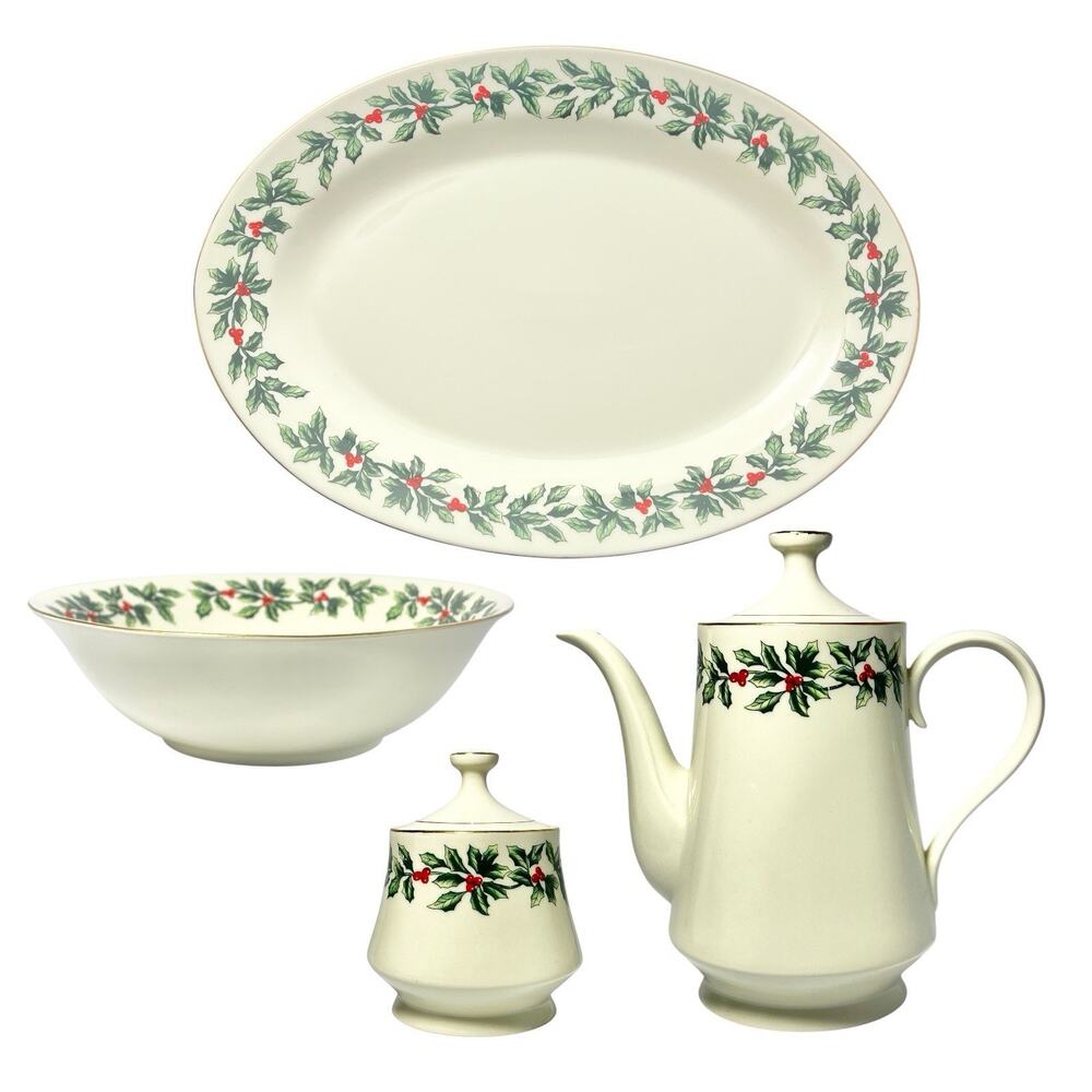 Baum Brothers “Holly” 4-Piece Porcelain Christmas Dinnerware Serving Hostess Set